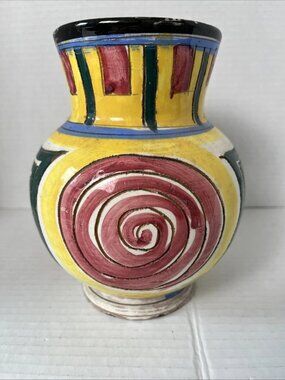 Vintage Italy Art Pottery Vase MCM Geometric Spiral Hand Painted 7"